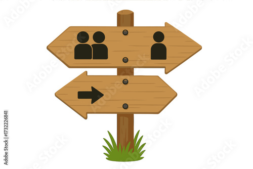 Signpost concept with path choice of together or alone. Metaphor for life decision, social direction, relationship, partnership or loneliness. Individual versus community or team.