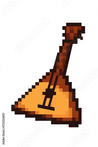 Balalaika pixel art icon. 8-bit Russian folk string musical instrument. Retro gaming style vector illustration. Traditional music symbol isolated on white background. Acoustic.