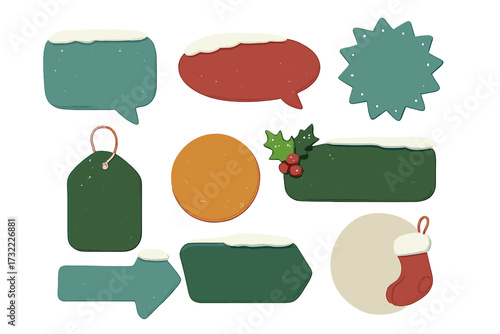 Christmas speech bubbles, winter sale tags, holiday labels set. Snowy graphic elements for promotion. Cute cartoon stickers with space for text. Xmas banner collection.