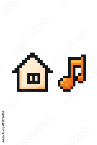 Pixel art icon set with a house and a music note. 8-bit retro video game assets. Home and sound symbols for gaming UI. Vector illustration isolated on white background.