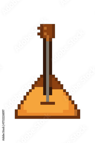 Balalaika pixel art icon. 8-bit Russian folk music instrument symbol. Retro video game sprite. Isolated vector graphic. Traditional string musical instrument for culture.