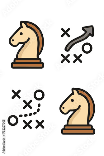 Business strategy and tactics icon set. Chess knight symbol for game plan and strategic move. Vector illustration for concepts like solution, planning, and competition.