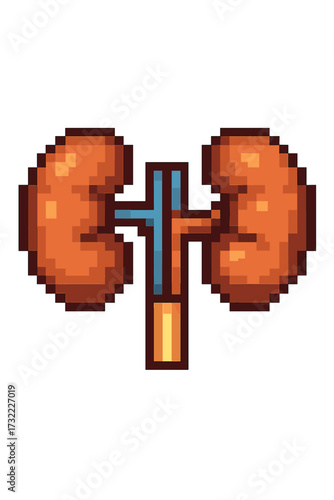 Kidneys pixel art icon. 8-bit human internal organ. Urology, nephrology symbol. Healthcare, medicine vector illustration. Retro video game style anatomy. Urinary system.