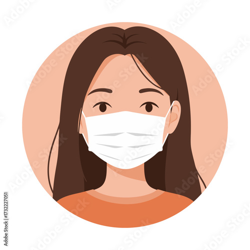 Close-up portrait of a young woman with long brown hair wearing a white surgical mask covering her nose and mouth