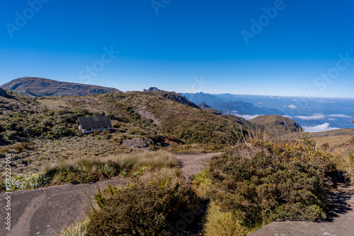 Beautiful view of the Brazilian mountains during the adventure and trail crossing and hike between Petrópolis and Teresópolis in the Serra dos Órgãos National Park (PARNASO).