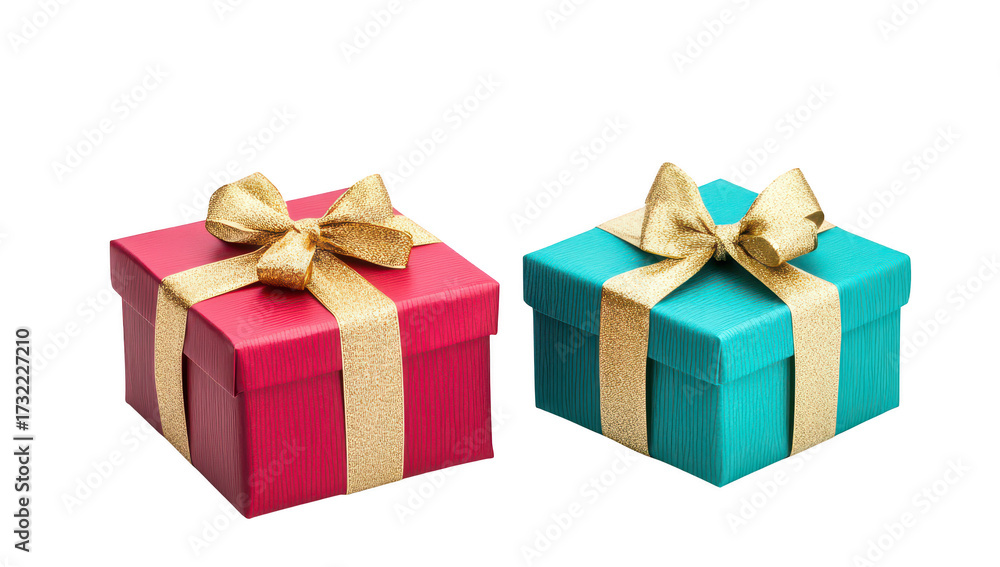 Obraz premium A scene featuring two beautifully wrapped gift boxes. one in red with a golden bow and the other in teal with a matching ribbon. set against a clean white background. ideal for holiday celebrations or