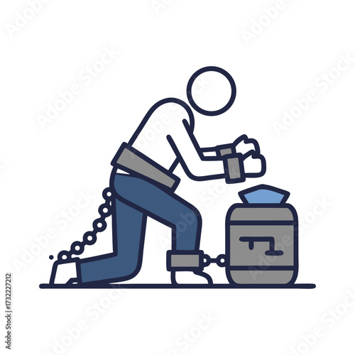 a person is kneeling, bound by chains and restraints, and appears to be performing a task or facing a situation involving a barrel or container.