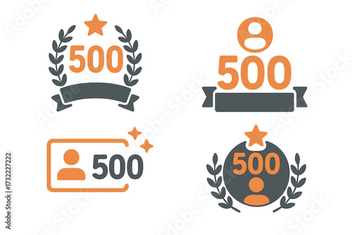 Five hundred followers vector icon set. Social media celebration post. Thank you 500 subscribers banner. Achievement milestone badge. Web goal number graphic with laurel wreath.