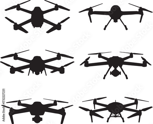 Black drone silhouettes with propellers quadcopter