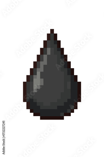 Oil drop pixel art icon. Black petroleum droplet symbol for a retro video game. Fuel, energy, and industrial resource concept. Liquid blob asset for 8-bit gaming design.
