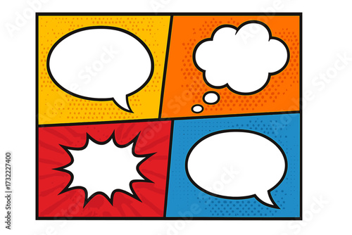 Comic book page with speech bubbles. Pop art vector background with empty balloons for text. Retro cartoon illustration with halftone dots. For dialog, thought and explosion.