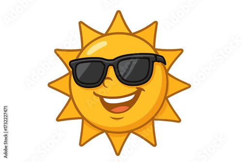 Cool sun mascot with sunglasses. Happy summer character smiling. Vector for vacation, travel, and sunny weather. Sunshine icon, bright face, positive emoji concept. Fun holiday.