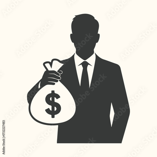 Vector art of silhouette of a businessman in a suit holding a money bag with a dollar sign, representing wealth, finance, and success, isolated on a light background