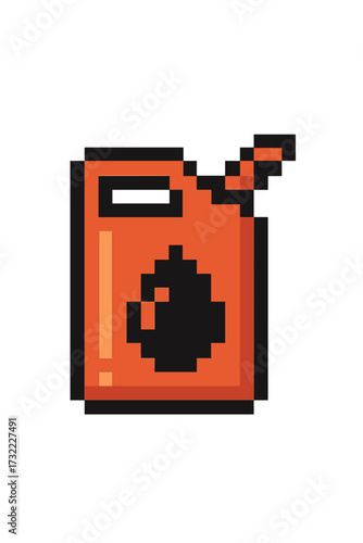 Pixel art gas can icon. 8-bit video game asset. Retro fuel canister sprite. Jerrycan with flammable liquid symbol. Gasoline, petrol, or diesel container for energy concept.