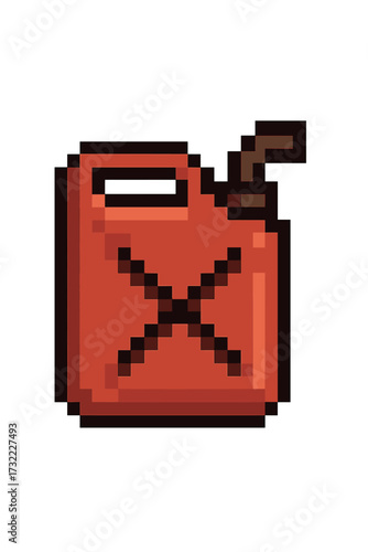 Gasoline can pixel art style. Red jerrycan vector illustration. Fuel container for 8-bit game asset. Emergency petrol supply symbol. Automotive, survival, power, energy concept.