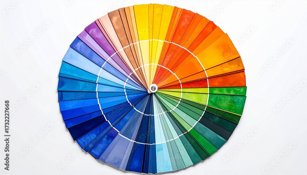 Obraz premium Circular color wheel with radially arranged segments transitioning smoothly across full spectrum. Concentric rings and grid pattern highlight hue, saturation, and brightness relationships.