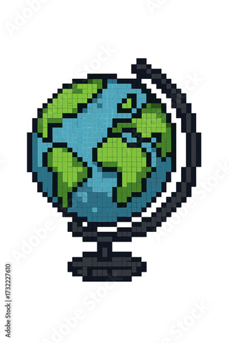 Pixel art globe icon. 8-bit world map for video game. Retro geography and education object. Vector illustration of earth planet isolated on a transparent background.