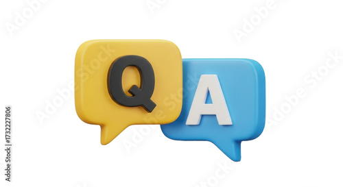 QA 3d icon. Letters Q and A in chat bubbles. Question and answer concept. FAQ, frequently asked questions, dialog concept. 3d illustration isolated on transparent background 
