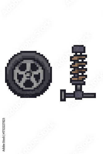 Pixel art car parts set. 8-bit wheel and suspension shock absorber icon. Retro video game asset for auto repair service or racing. Vector cartoon mechanic symbol collection.