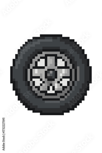 Pixel art wheel tire icon for retro video game. 8-bit car vehicle part sprite. Vector illustration of automobile tyre for racing game asset. Isolated cartoon automotive element.