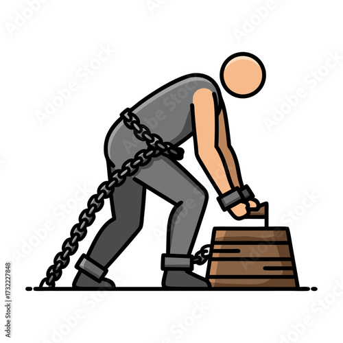 A stylized illustration of a person in grey clothing, shackled by heavy chains to a wooden object, straining to move it.