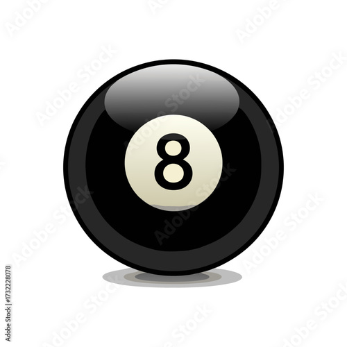 Close up of a black billiard ball with the number eight in the center.