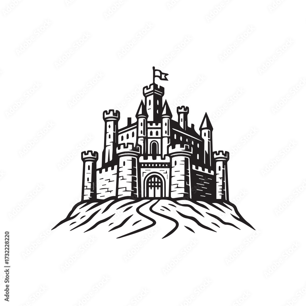 Fototapeta premium A sharp, detailed vector outline of a medieval castle on a hill