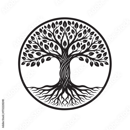 A symmetrical, stylized 'Tree of Life' design with intertwining branches and roots