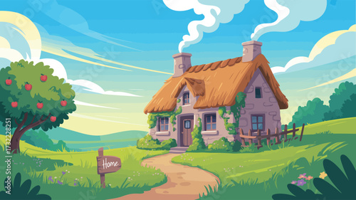 Quaint countryside cottage with thatched roof, apple tree, ivy walls, smoke chimneys, and “Home” sign in lush green rural landscape 