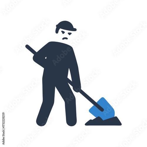 Construction worker with shovel digging in the ground, hard work and labor concept