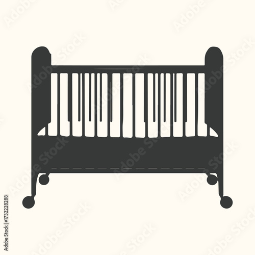 Vector art of a dark silhouette of a baby crib with wheels, featuring vertical bars that resemble piano keys, set against a plain, lightcolored background