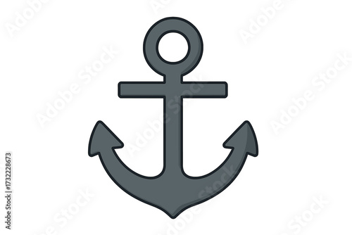 Anchor vector illustration. Nautical sign in flat cartoon style. Marine equipment for boat and ship. Symbol of stability, safety, and sea travel. Isolated graphic element.