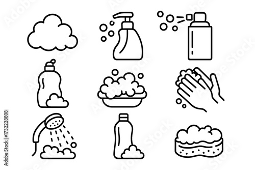 Hygiene and cleaning line icon pack. Soap, foam, washing hands, shower vector symbols. Outline signs for personal care, sanitation, bathroom, web design and apps.
