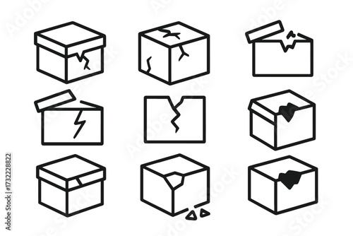 Broken box icon set. Modern outline style. Damaged package, fragile cargo, delivery problem, shipping error concept. Cracked container symbol for logistic issues, return goods.