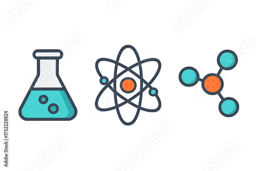 Science icon set. Chemistry, physics, research concept. Atom, molecule, lab flask symbols. Vector illustration for education, experiment, technology. Nuclear, formula graphic.