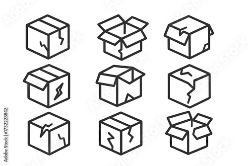 Broken box icon set. Damaged, open cardboard package collection. Fragile delivery, shipping and return concept. Vector line art for apps and web design. Unboxing symbol.