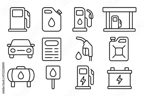 Gas station line icon set. Fuel pump, petrol can, and car icons. Vector symbols for gasoline, diesel, and electric vehicle charging. Editable stroke pictograms for transport.