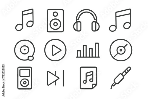 Music line icon set for audio interface. Sound symbols with editable stroke. Media player pictogram collection. Note, headphone, speaker, play button, vinyl, equalizer vector.