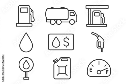 Gas station line icons set. Fuel, gasoline, and petrol concepts. Editable stroke vector pictograms. Includes pump, nozzle, tanker truck, can, gauge, and oil drop symbols.