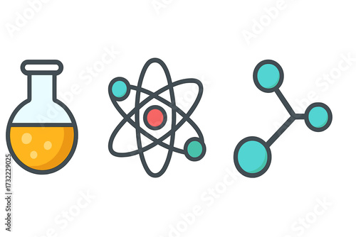Science icon set. Chemical compound, atom, molecule. Vector illustration. Flat cartoon design for chemistry, physics, laboratory research, experiment, and education. Nuclear.