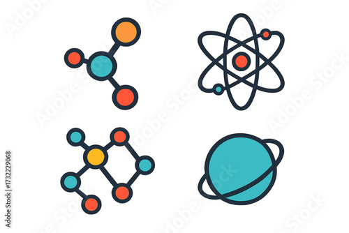 Science icon set with atom, molecule, and planet symbols. Flat vector illustration for chemistry, physics, and astronomy. Graphic elements for education and research design.
