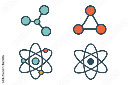 Atom and molecule icon set. Chemical compound and atomic structure. Science concept. Nucleus, electron orbit. Vector illustration for physics, chemistry, education, research. Flat design.