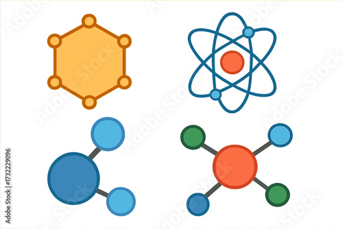 Chemical compound, atom, and molecule flat icon set. Vector illustration for science, chemistry, physics. Atomic structure, nucleus, electron orbit, molecular formula graphic.