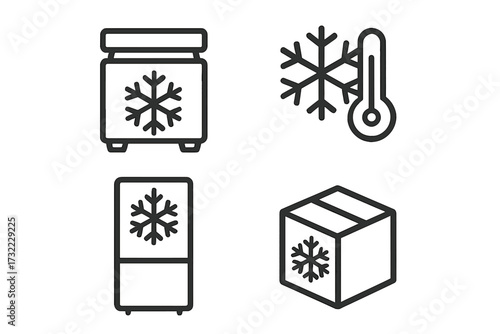 Cold storage icon set. Freezer, refrigerator, and frozen goods delivery pictogram collection. Vector line art symbols for cold chain logistics, food preservation, and temperature control.
