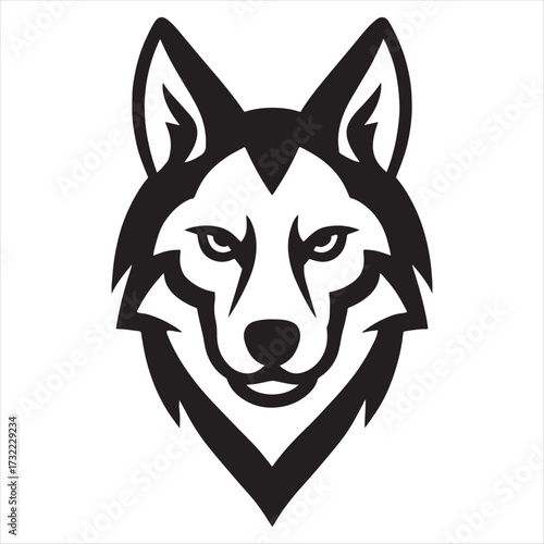 Stylized black and white graphic illustration of a fierce husky dog face with intense eyes