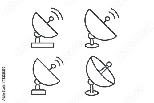 Collection of satellite dish line icons. Antenna for broadcast, signal transmission. Wireless communication technology concept. Minimalistic vector pictogram set for app, web design.
