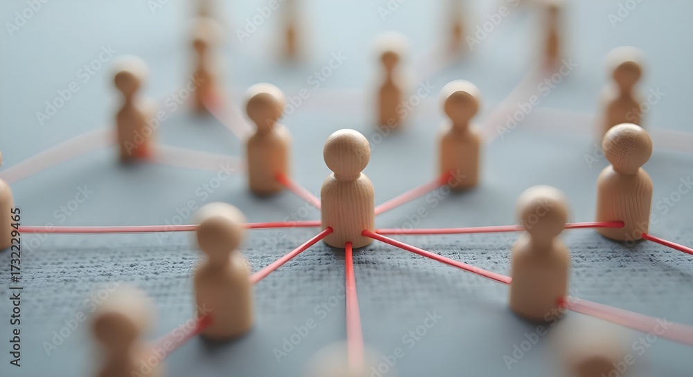 Obraz premium Wooden figures connected by red threads symbolizing network and community.