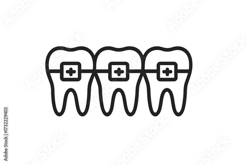 Braces on teeth icon. Orthodontics and dental care concept. Tooth correction and alignment. Healthy smile. Metal brackets symbol. Stomatology treatment. Oral hygiene. Line vector.
