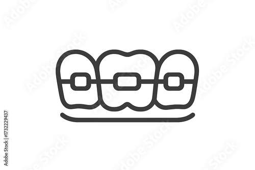 Braces on teeth line icon vector. Orthodontic dental care concept. Symbol of dentistry, oral hygiene, smile correction, tooth alignment. Minimalistic pictogram for web design.