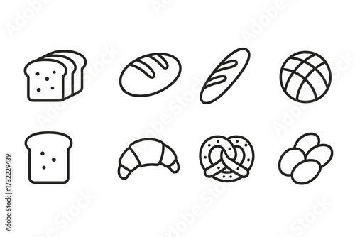 Bread icon collection. Bakery and pastry line art set. Vector symbols of loaf, toast, baguette, croissant, pretzel, rolls. Outline food illustration for web and apps.
